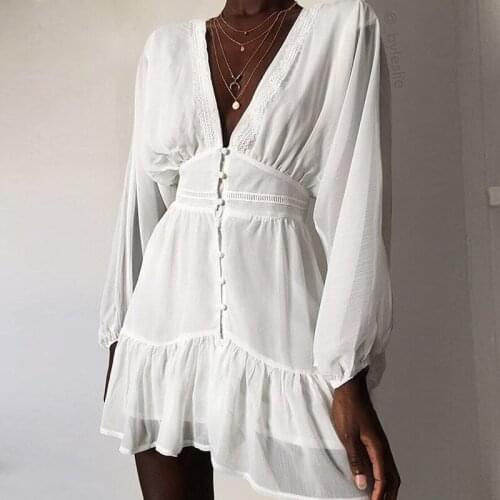 Boho Chiffon White Mini Dress Button Deep V-neck Long Sleeve Ruffles Hem A-line Dress Elegant Lady Women Night Outfit Bridesmaid
