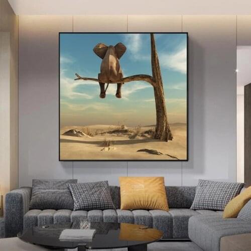 Funny Art Elephant Sitting on Tree Modern Canvas Painting Wall Art Animal Pictures Nordic Posters and Prints for Home Decor