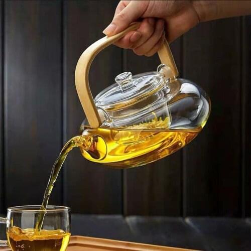 800ML Glass Teapot Heat-Resistant Borosilicate Glass Teapot Boiling Teapot Thickened Bamboo Handle Teapot Household Tea Set