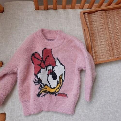 Disney Baby Girl Sweater Cartoon Daisy Duck Childrens Clothing Mink Velvet Pullover Tops Korean Long Sleeves Dress For Kids