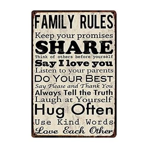Metal Sign Family Rules Vintage Metal Tin Sign Man Cave for Men Women,Wall Decor for Bars,wc,Restaurants,cafes Pubs,12x8 Inch