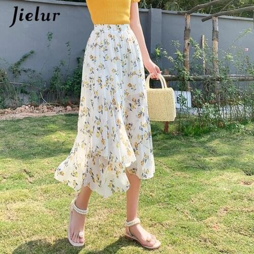 Jielur Flower-shaped Summer Mid-length Chiffon Womens Skirts Thin Pleated Skirt Elastic Waist Black Pink Skirts for Women 2021