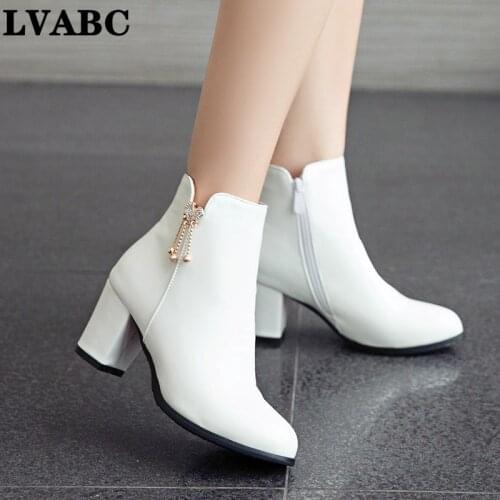 White Black Women Boots Comfy Square High Heel Ankle Boots Fashion Pointed Toe Zipper Boots Autumn Winter Ladies Shoes 2019