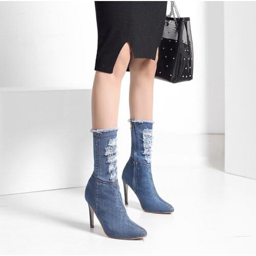 2020 Luxury Autumn Denim Jeans Women Boots Mid-calf Pointed Toe Women High Heel Sexy Pointed Toe Lace-Up Boots Zapatos Mujer