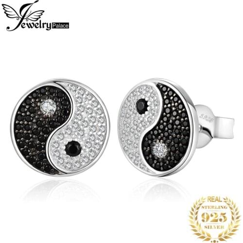 JewelryPalace Taiji Genuine Black Spinel Stud Earrings 925 Sterling Silver Earrings for Women Korean Earings Fashion Jewelry