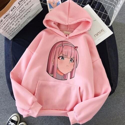 Dear Franxx Anime Harajuku Zero Two Beautiful Girls Print Pullover Fashion Hip Hop Warm Pink Hooded Street Clothing Women