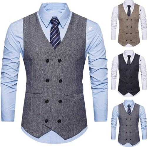 Vintage Men Sleeveless Double-breast Herringbone Twill Waistcoat Business Vest Suitable for graduation, banquet, wedding, prom