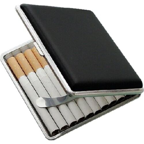 1PC Metal Frame Black Faux Leather Cigarette Storage High Quality Case Box Container for Lighter Holds 84mm cigarettes Cases