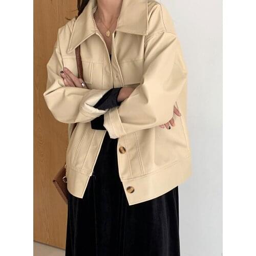 Spring Autumn Chic Pu Leather Jacket Outwear For Women Ladies Solid Color Vintage Jackets Top