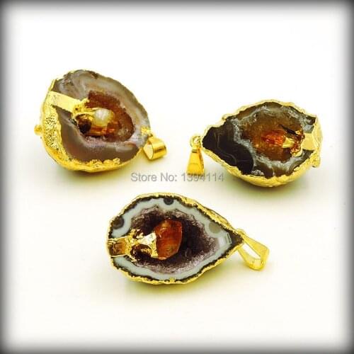 Natural Onyx Geode Cluster With Yellow Quartz Point Pendant Bead Of 24k Gold Cladding 25-30 mm Long