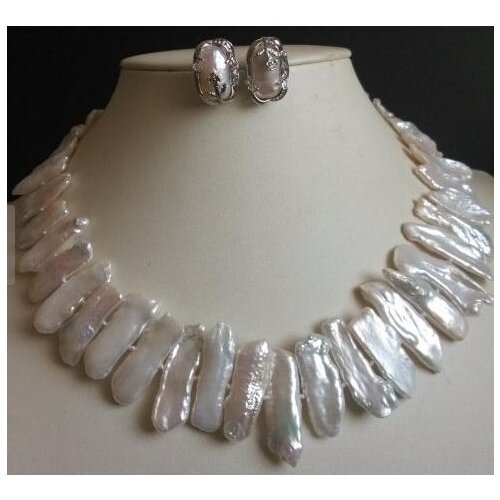 Perfect Pearl Jewelry Set 17inch Big 25-30mm AAA White Biwa Pearl Necklace Earrings