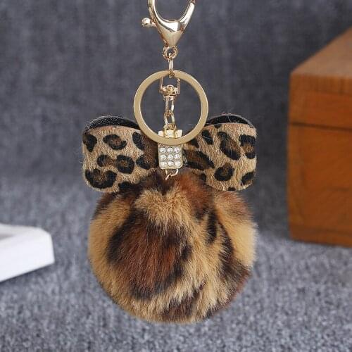 Cute Fluffy Leopard Bow Keychain Women Girl Faux Rabbit Fur Pompom Round Ball Car Key Holder Bag Charms Trinket Jewelry Gift