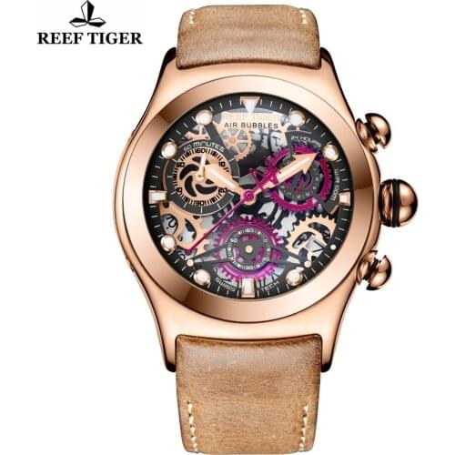 Reef Tiger/RT Chronograph Sport Watches For Men Skeleton Dial with Date Three Counters Luminous Rose Gold Unique Clocks Big Bang