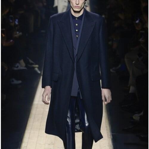 Mens woolen coat autumn and winter show long loose casual suit collar single button coat trench coat