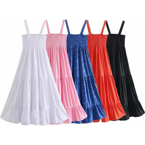 Nlzgmsj Za Women 2021 Chic Elastic Smocked Printed Midi Dress Vintage Straight Straps Female Dresses Vestidos Mujer 202106