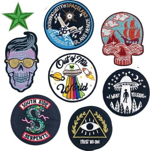 New Black Snake Skull Embroidered Patches Iron on Aliens Badges Punk Style for Clothes Round Appliques DIY Coat Bags Parches