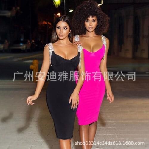 2020 spring and summer new womens wear diamond chain sling temperament banquet bandage dress