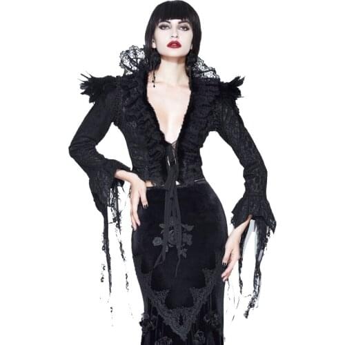 EVA LADY New New Gothic Womens Coat Black Lace Sexy Jackets Flare Sleeve Feathers Belt Coats Palace Court Party Coats