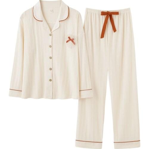 Autumn Womens Pajama Sets Solid Color Fashion Cotton Female Pyjamas Two Pieces Shirts + Pants Nighties Plus Size XXXL Sleepwear