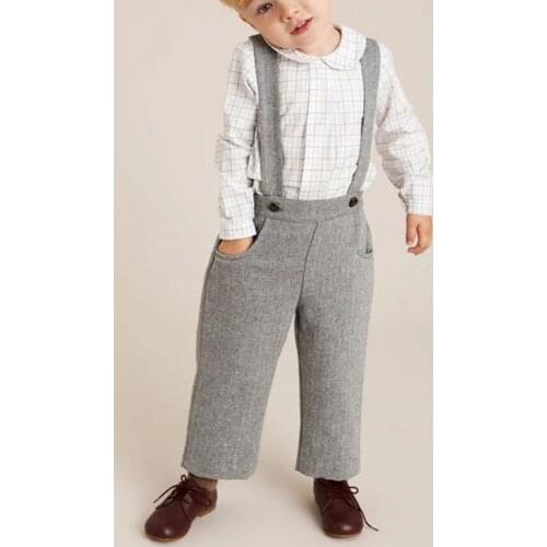 Baby boy autumn England style birthday party Wool bib pants+cute cotton long sleeve shirt kids sets