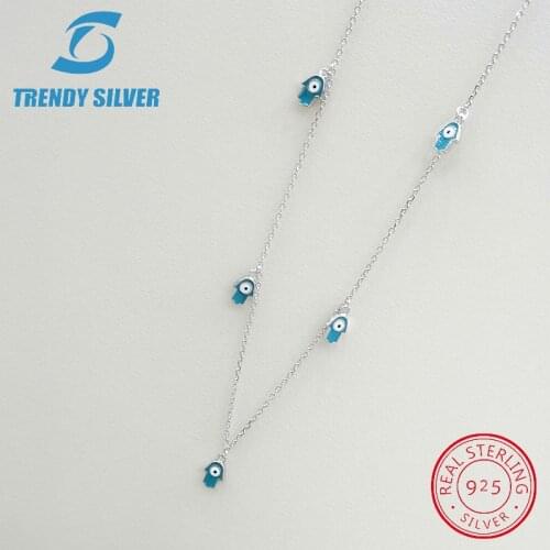 Real 925 Sterling Silver Necklace Choker 45cm evil turkish blue eyes for Women Jewelry fashion tear pearl shape gold