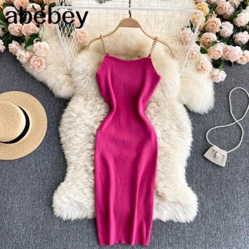 Women Chain Strap Knitted Dress Korean Square Collar Sleeveless Elastic Pencil Dress Summer Sexy Slim Streetwear Short Dress