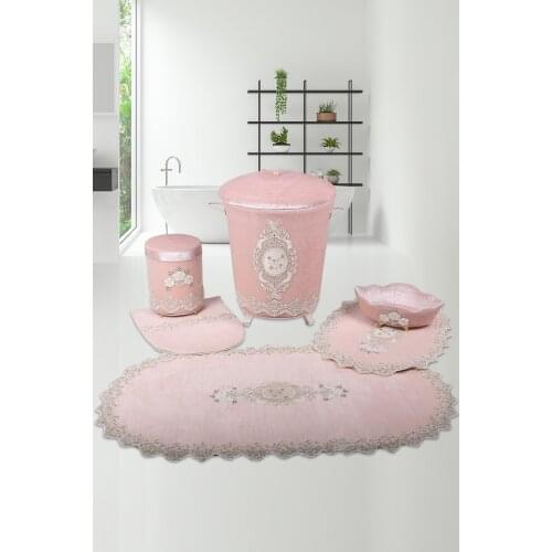 Powder 6 Piece Lacy Bathroom Dirty Laundry Basket Set Bath Mat Set