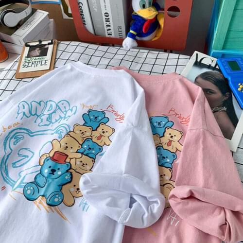 Casual T Shirt 2021 Summer Short Sleeve Cartoon Bear Printed T-shirt Couple Tops Shirts for Women Clothing