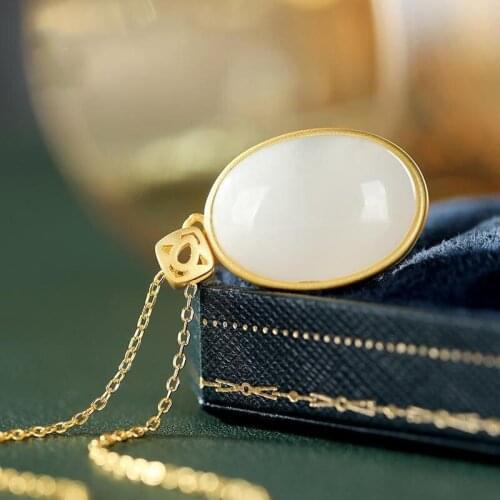 S925 Sterling Silver Natural Hetian Jade Large Goose Egg Pendant Womens Simple Oval Geometric Exquisite Necklace Pendant New Pr