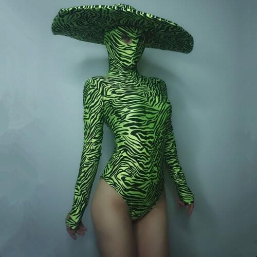 Sexy Stage Costume Women Green Black Zebra Stripes Bodysuit Nightclub Dj Ds Performance Leotard Dancer Rave Clothes Outfit DT962