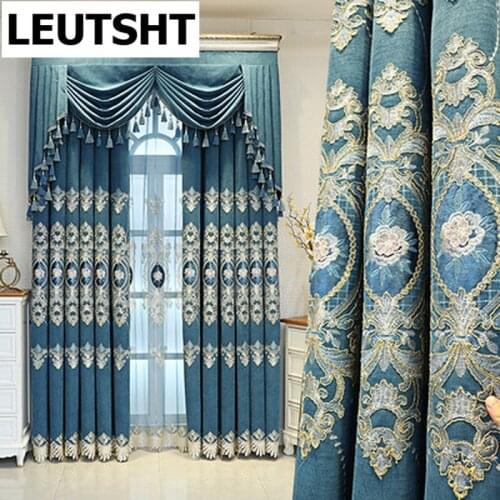 Stitching Blue Lace Bottom Window Drapes for Bedroom Luxury Geometric Hollow Out Embroidery Curtains for Living Room