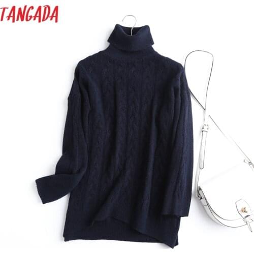 Tangada 2021 Chic Women Oversized Wool Turtleneck Twist Sweater Vintage Ladies Thick Warm Knitted Jumper Tops 6D25