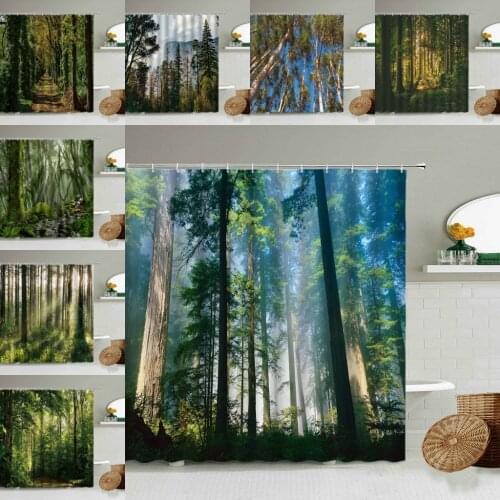 Fog Forest Trees Plants Shower Curtain Bathroom Accessories Green Natural Scenery Toilet Waterproof Hanging Curtains With Hook