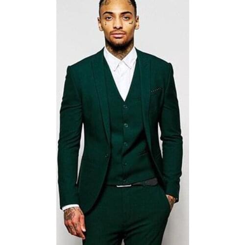 High Quality One Button Dark Green Groom Tuxedos Peak Lapel Groomsmen Mens Wedding Prom Suits (Jacket+Pants+Vest+Tie) NO:78