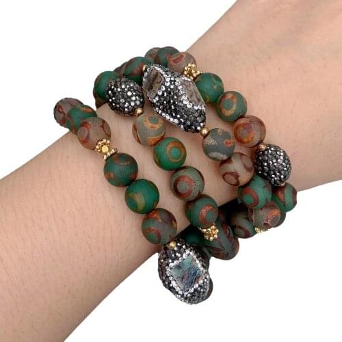 YYGEM 4 Strands 10mm Green Brown Frosted Agate Abalone Shell with black macarsite Bracelet Multi Strands 8"