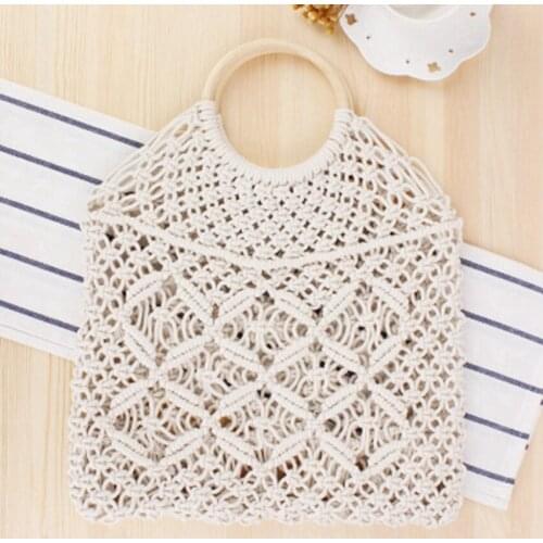 College style new solid color hand-woven bag tide female forest series straw hand-woven cotton rope net pocket beach bag
