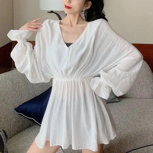 Long Sleeve V neck Loose Blouse Women Top 2021 Spring Autumn Ladies Sexy Pus Size Elegant Chiffon Blouses Femal Clothing Shirts