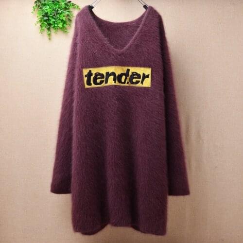 Ladies women long fashion V-neck cute Letter embroidery mink cashmere pullover angora rabbit fur knitted jumper winter dress