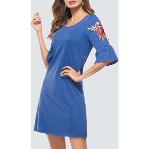 Women Casual Pure Color Shift Dress Elegant Vintage Embroidery Rose Flare Sleeve Straight Lady Dress HT019