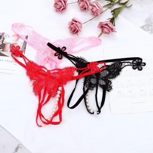 Women Sexy Lingerie Hot Erotic Sexy Panties Faux Pearl Decor G-string Thong Panties Open Crotch Underwear