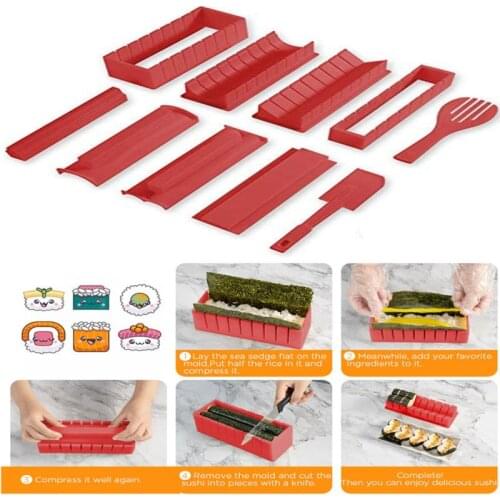 10 Pcs Sushi Maker Kit DIY Sushi Mold 8 Different Shapes Sushi Rice Roll Mold Shapes With Fork Spatula Home Sushi Tools Beige