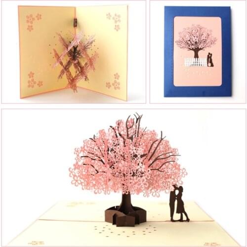 100pcs Lovely Cherry tree 3D Pop Up Greeting Cards Post Card Birthday Christmas Valentine' Day Party Wedding Decor for girl