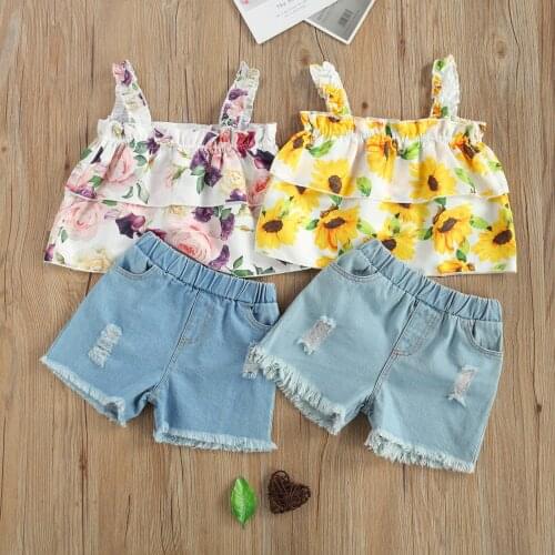 2 Pieces Kids Suit Set Girls Flower Print Square Collar Sleeveless Tops+ Denim Shorts for 2021 Summer