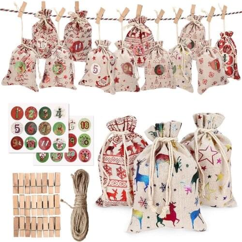 24Pc Christmas Gift Bags Calendar Countdown Jute Bag Candy Storage Pouch DIY Sticker Christmas Advent Calendar Bag 1-24 Adviento