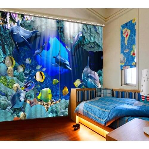 3D Curtain Home Bedroom Decoration Blue Underwater World Dolphin Fish Coral 3D Photo Window Curtain Decorative Door Curtain