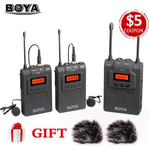 BOYA BY-WM8 Dual Channel UHF Wireless Microphone System Lavalier Mic 2 Transmitters 1 Receiver for Canon Nikon Camera Interview