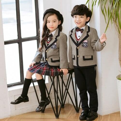 Children Korean Japanese School Uniform For Boys Girls Kid Gray Blazer Jacket Skirt Shirt Pants Clothes Set Student Outfits Suit