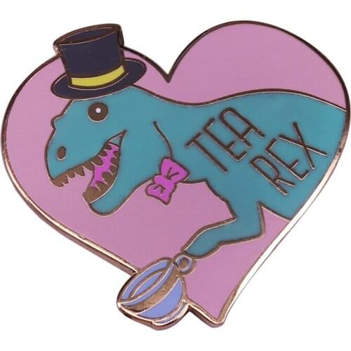 Dinosaur Black Hat Red Bow Enamel Pin With Coffee Cup Brooch Pink Heart-shaped Badge