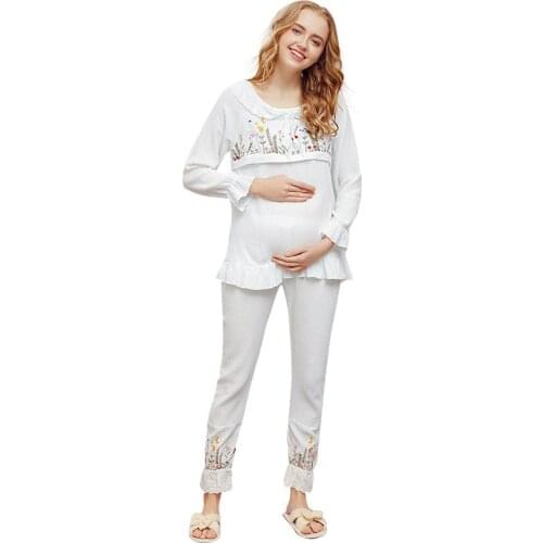 Cotton Gauze Nursing Pregnant Nightgowns Full Sleeve Maternity Breastfeeding Sleepwear Set for Pregnancy Woman Pajamas suit