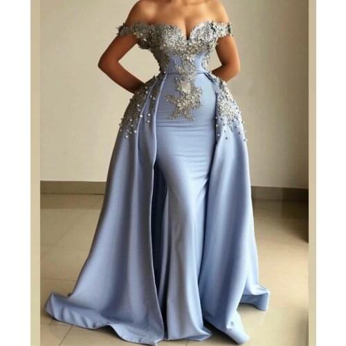 Sky Blue Evening Dresses With Detachable Train Off The Shoulder Beaded Crystal Mermaid Prom Dress Custom Made Vestidos Women Par